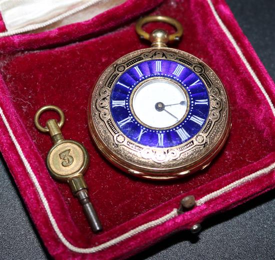 Swiss 14k gold and enamel half hunter fob watch